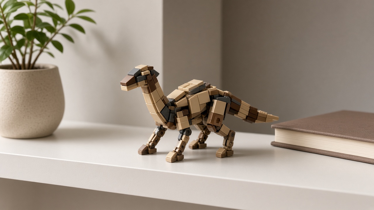 Finished brick dinosaur MOC on a clean shelf