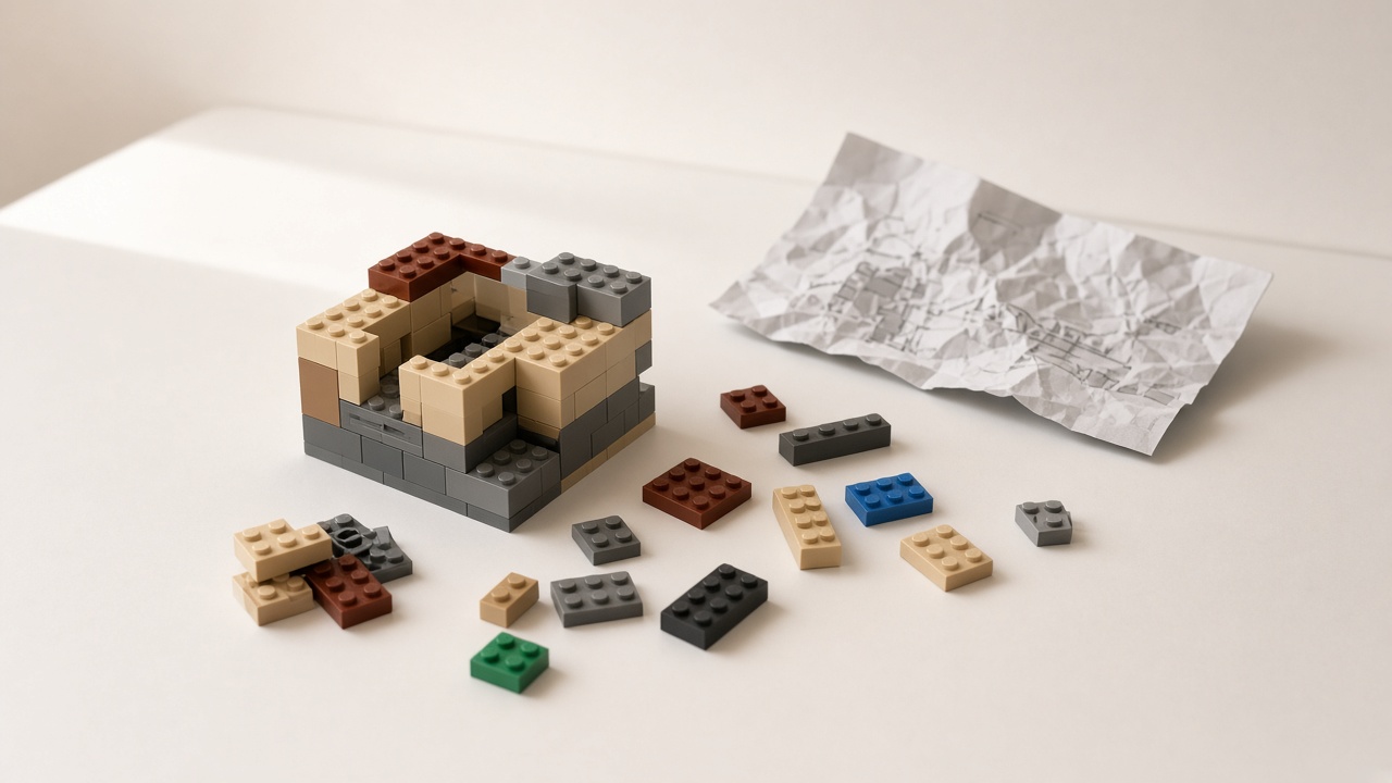 Half-built brick model with scattered pieces and crumpled instructions