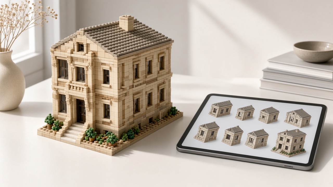 Finished brick MOC house model beside a tablet with build steps