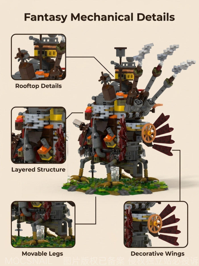 Moving castle building block set rooftop details layered structure movable legs and decorative wings